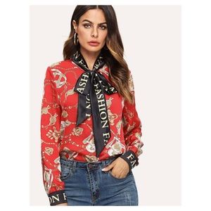 NEW Pussy Bow Tie Neck Button Front Blouse Sz L